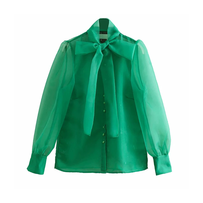 

New Transparent Women Chiffon Blouses 2019 Spring-Summer Green Ladies Beading Button Shirts Girls Lovely Organza Tops femme chic
