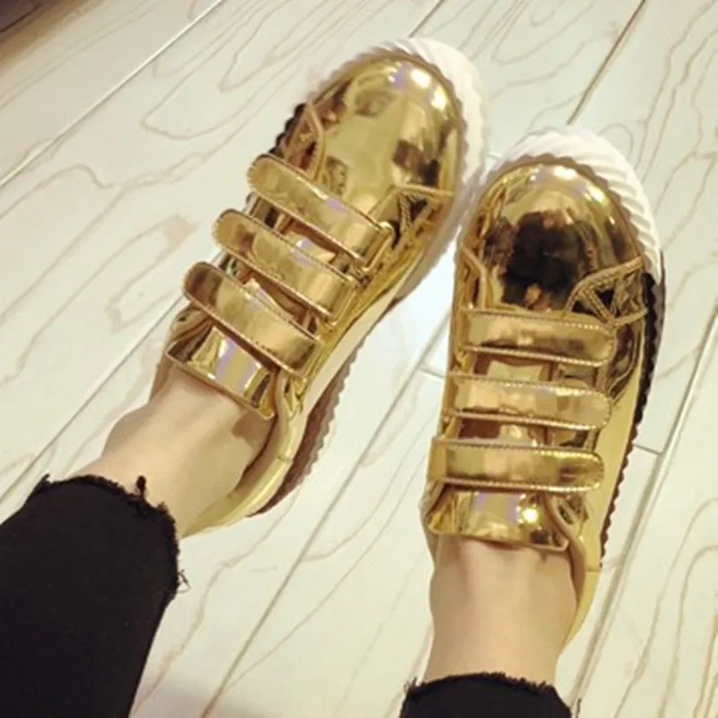 

GCYFWJ 2019 Women Shoes Patent Leather Platform Sneakers Round Toe Fashion Single Shoes Hook&Loop Mixed Colors Flat Casual Shoes