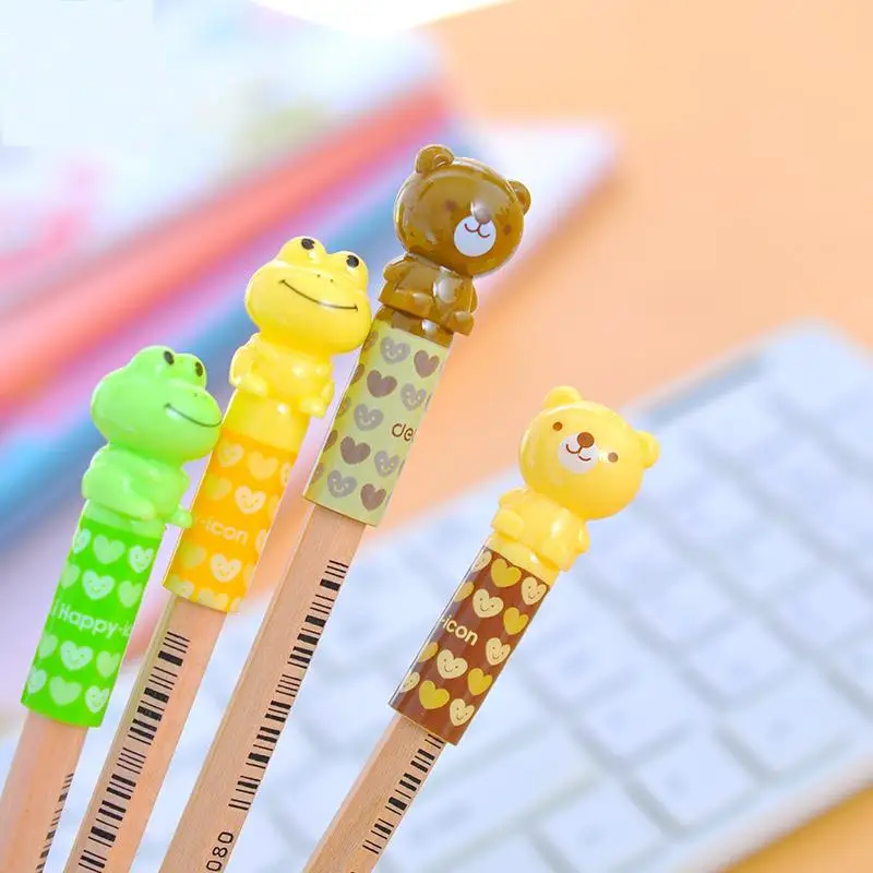 

1 Bag 4 Pcs Cartoon Bear Frog Pencil Cap Child Topper Soft And Safety 10x45mm Pencil Accessory Deli 0506