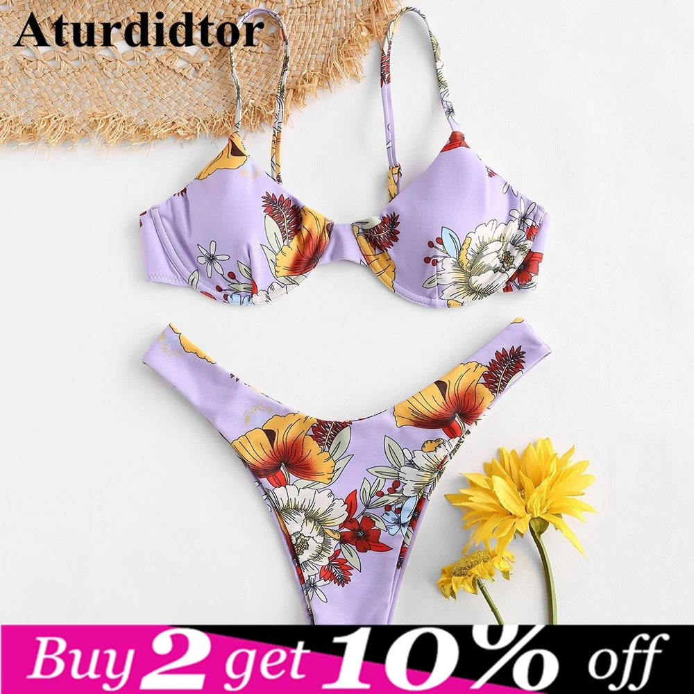 Floral High Leg Underwire Bikini Set Sexy Thong Triangle Bikini High