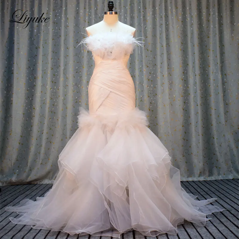 

Organza And Tulle Strapless Mermaid Wedding Dress Sleeveless Backless With Pleated Court Train Trumpet Bridal Dress