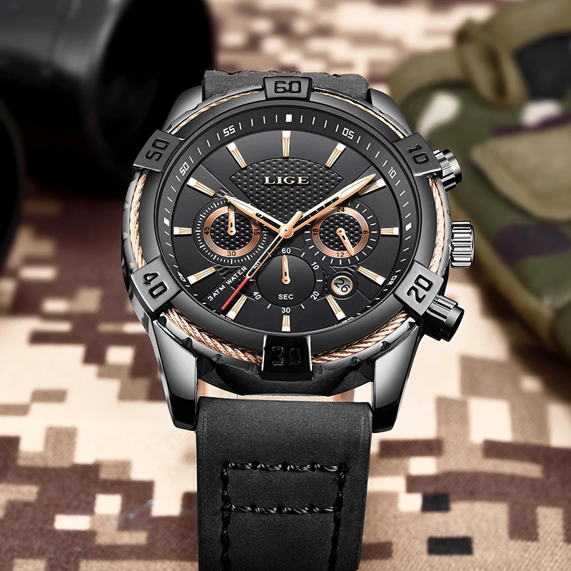 2019 LIGE Mens Watches Top Brand Luxury Men Casual Leather Watch Men Fashion Mutifuction Chronograph M  Waterproof Sport Clock