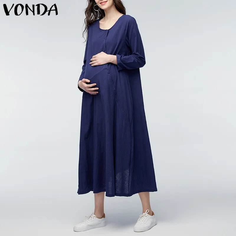 

VONDA Maternity Clothings 2020 Pregnant Women Vintage Long Sleeve O Neck Casual Loose Maxi Long Dress Pregnancy Vestidos 5XL