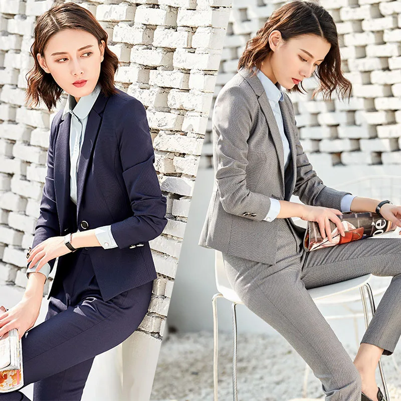 Для женщин брючный костюм 2 шт./компл. блейзер + брюки куртка повседневная обувь серый синий черный офисные женские туфли ПР женс