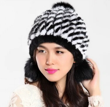 Настоящая норка оптом меховая вязаная шапка для женщин Зимняя теплая меховая шапка с помпоном из лисьего меха - Цвет: white black