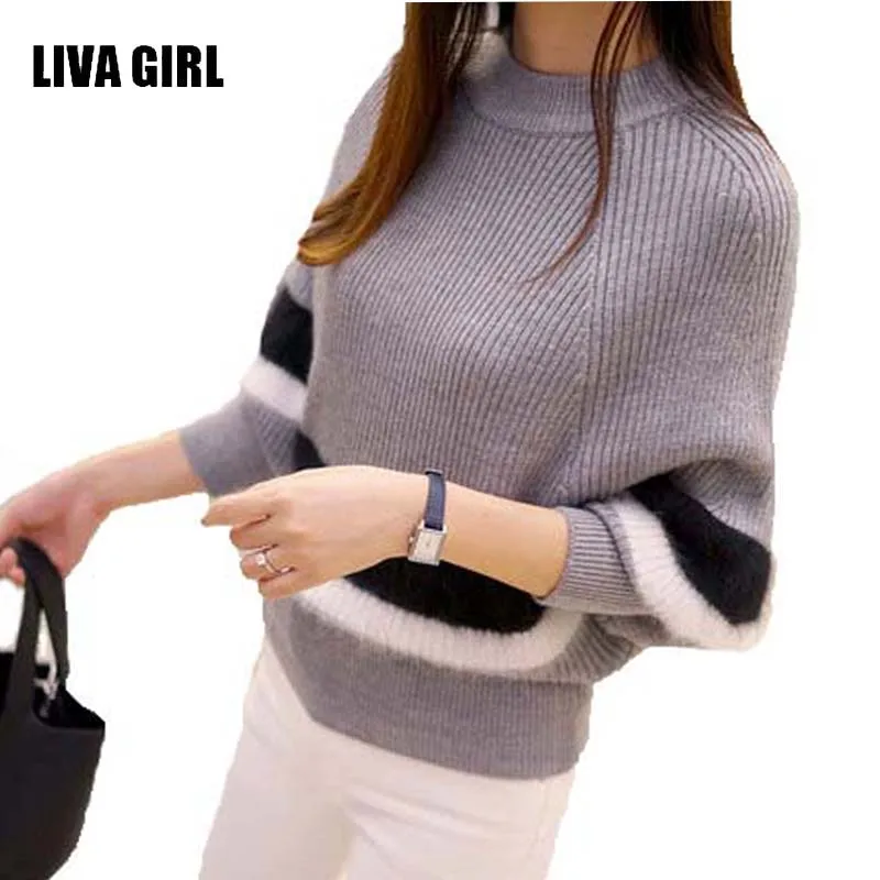 2017 New Autumn Women Sweaters Fashion O-Neck Batwing Striped Pullovers Plus Size Loose Knitted Female Jumper Tops B78 | Женская одежда