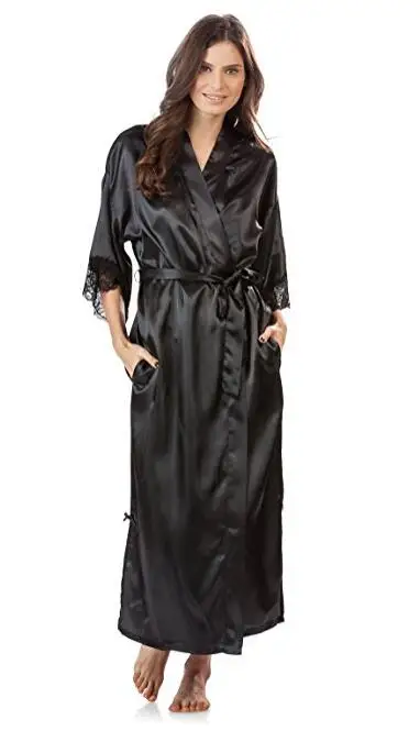 Летнее кружевное лоскутное атласное кимоно халат сексуальная одежда для сна Нижнее белье сорочка женская шелковая длинная ночная рубашка Свадебное платье подружки невесты - Цвет: Черный