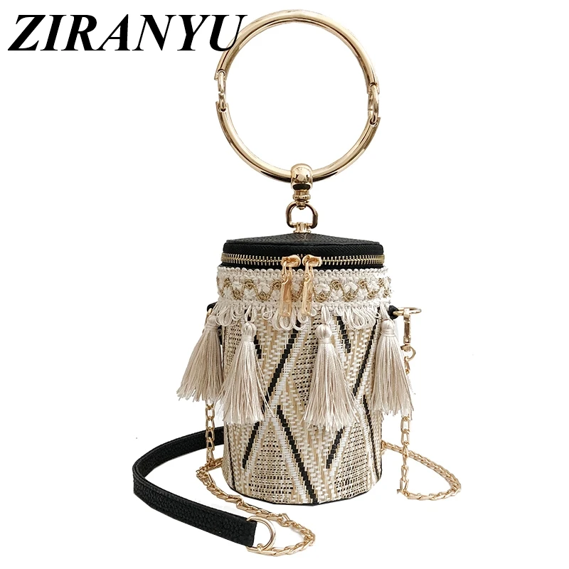 

2019 Summer Fashion New Handbag High quality Straw bag Women bag Round Tote bag Hand Metal Ring Tassel Chain Shoulder Travel bag