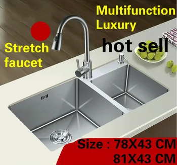 Price Free Shipping Apartment Luxury Kitchen Manual Sink Double Groove Stretch Faucet 304 Stainless Steel Hot Sell 780X430/810x430 MM