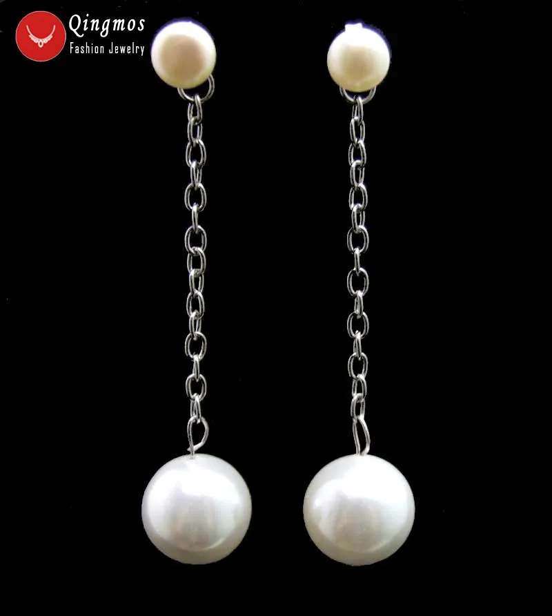 

Qingmos Natural Pearl Earring for Women with White 7-8mm Flat Round Pearl & Dangle 12mm Sea Shell Pearl Earrings Jewelry ear564