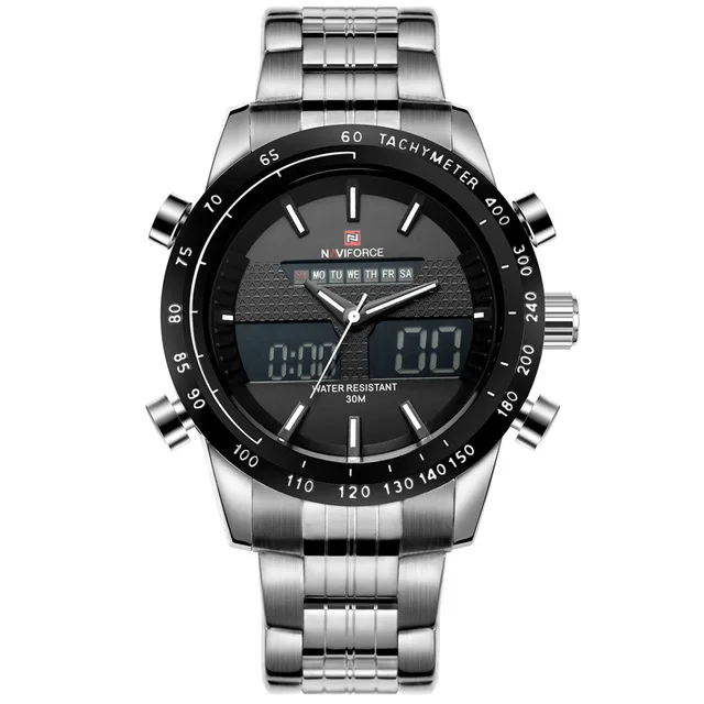 NAVIFORCE Роскошные Брендовые мужские водонепроницаемые полностью стальные часы Мужские кварцевые аналоговые светодиодный часы мужские спортивные наручные часы Relogio Masculino - Цвет: Silver Black