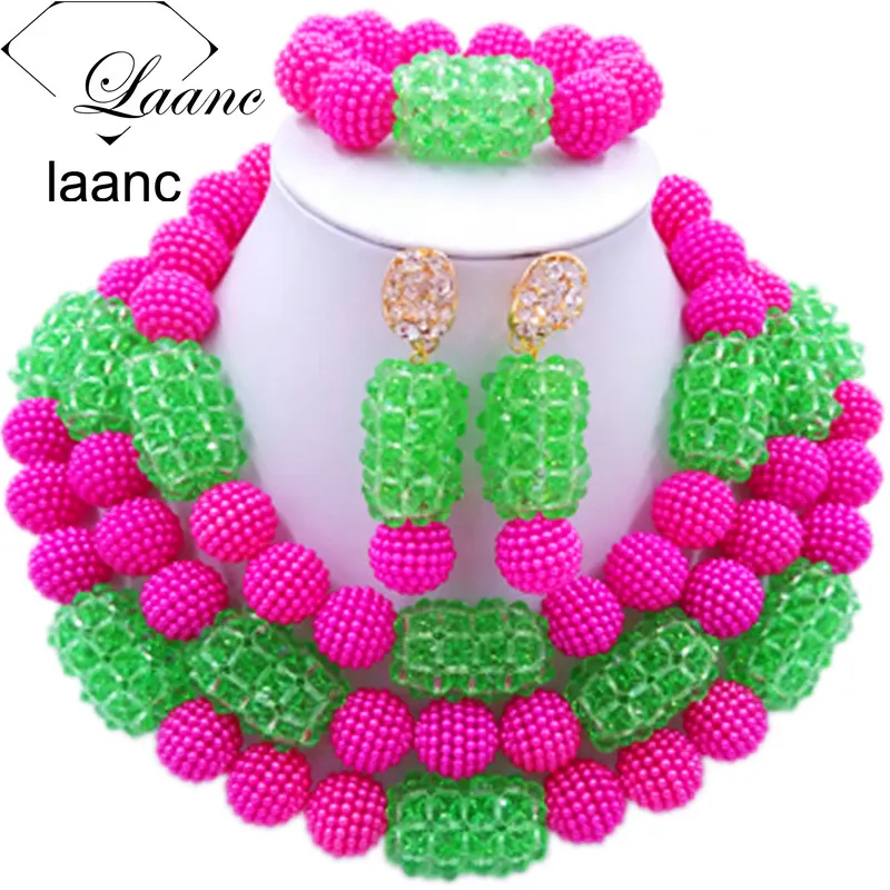 

Laanc Hot Pink Light Green African Beads Jewelry Set 2017 Nigerian Wedding Necklace Sets Free Shipping 3ZSQZ074