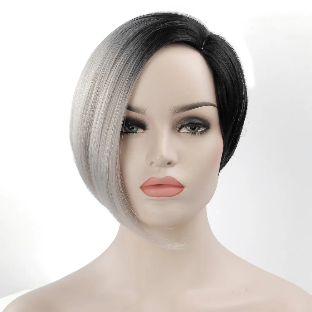 Pelucas negras cortas para mujeres pelucas de pelo sintético mujer fibra resistente al calor Color mezclado Ombre gris peluca Cosplay Pelucas negras cortas para mujeres pelucas de pelo sintético mujer fibra resistente al calor Color mezclado Ombre gris peluca Cosplay