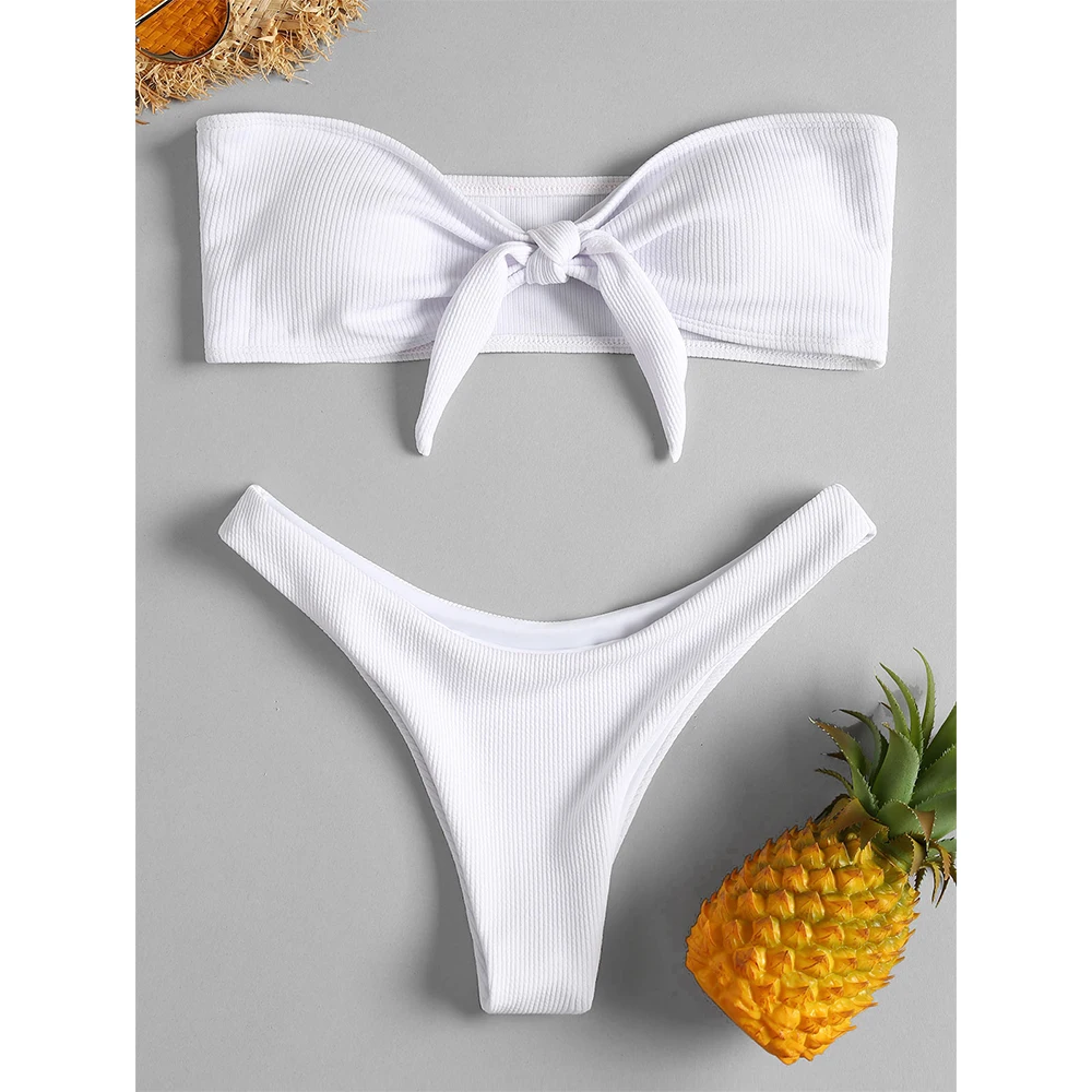 

2019 New Women Bowknot Ribbed Bikini Set Strapless Bandeau Bikini High Cut Thong Bikini Swimming Suit Swimwear Biquini