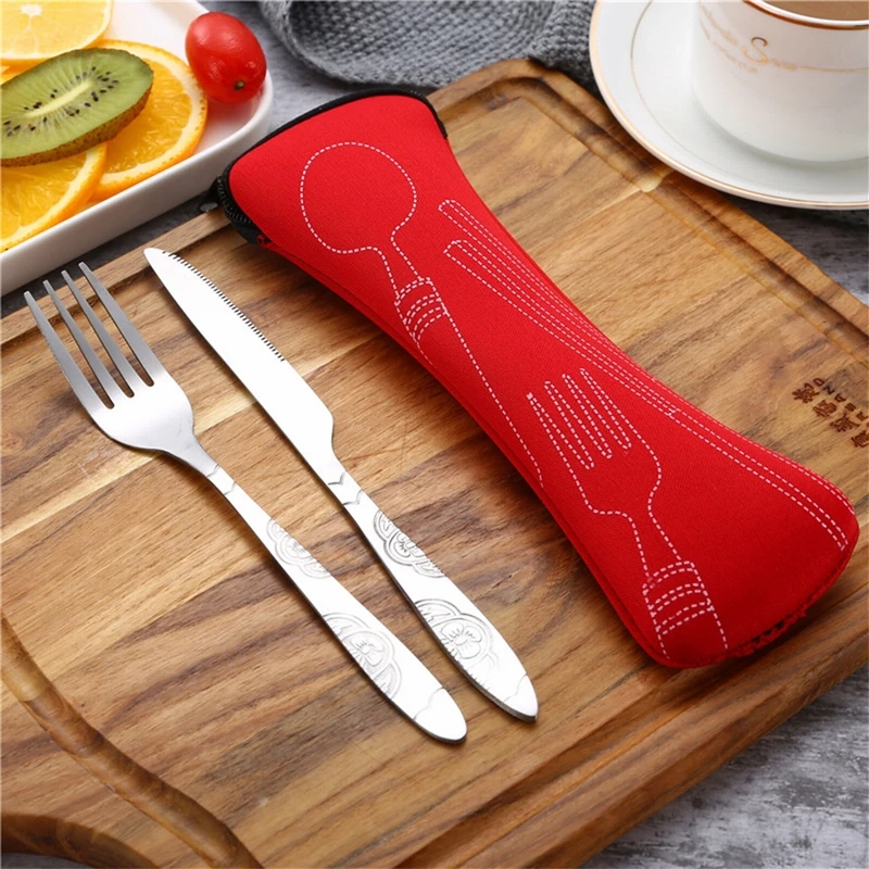 

Hifuar 3pcs/set Stainless Steel Fork Dinner Tableware Set Dinnerware Case Kit With Cloth Bag Travel Camping Cutlery Set