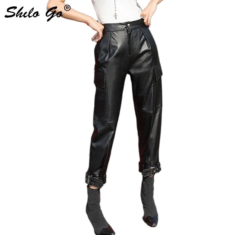 Streetwear Lederen Broek Vrouwen Casual Single Button Hoge Taille Schapenvacht Lederen Harembroek Black Lace Up Vrouwelijke Capri Streetwear Lederen Broek Vrouwen Casual Single Button Hoge Taille Schapenvacht Lederen Harembroek Black Lace Up Vrouwelijke Capri