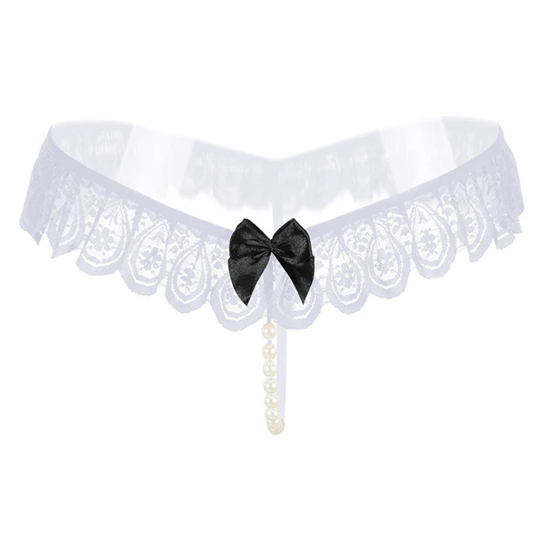 Sexy Underwear Lace Bow Briefs With Pearls Women Thongs And G Strings Tangas Women Sexy Panties Erotic Transparent Panties (2)