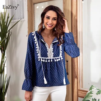 

women's t-shirt 2019 Dot printed cowboy winter shirt Lace splice tassel Casual long sleeve tops Fashion V-neck drawstring
