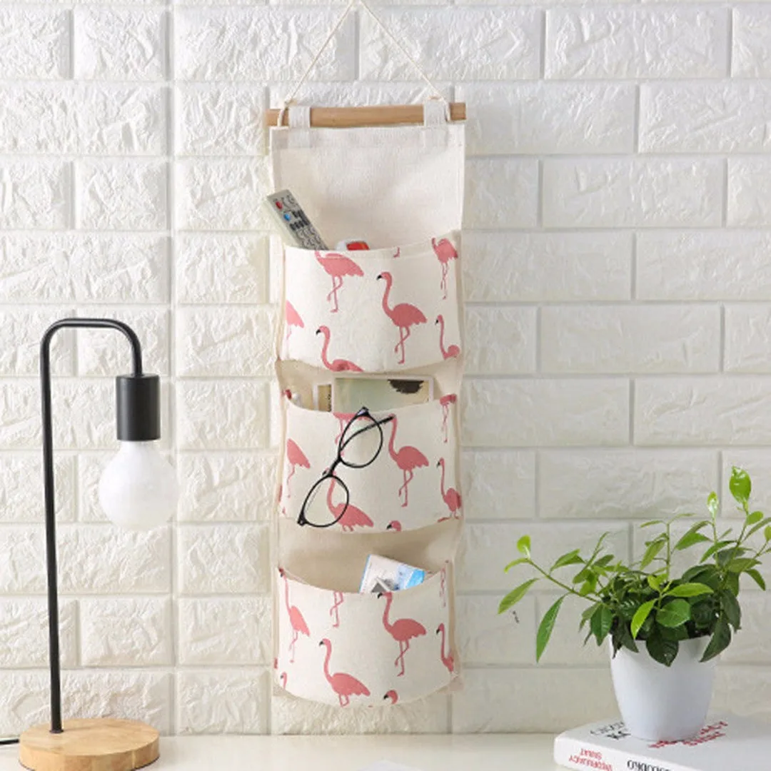 JX-LCLYL Linen 3 Layer Flamingo Storage Bag Wardrobe Hanging Bag Wall Toys Pouch Organize