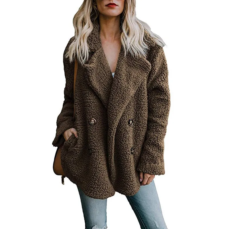 2018 Winter Women Pockets Thick Teddy Coat Casual Oversize Fleece Faux Fur Plush Jacket Overcoat