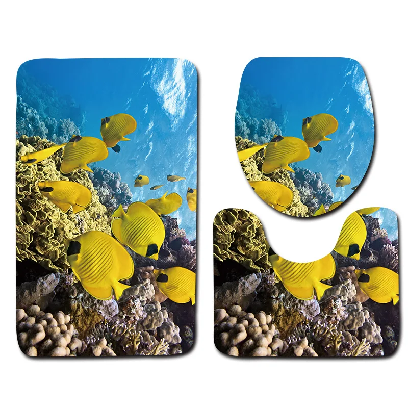 3pcs Bath Mats Ocean Underwater World Anti Slip Bathroom Mat Set Coral