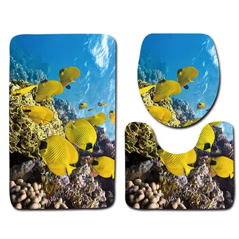 

3pcs Bath Mats Ocean Underwater World Anti Slip Bathroom Mat Set Coral Fleece Floor Bath Mats Washable Bathroom Toilet Rugs