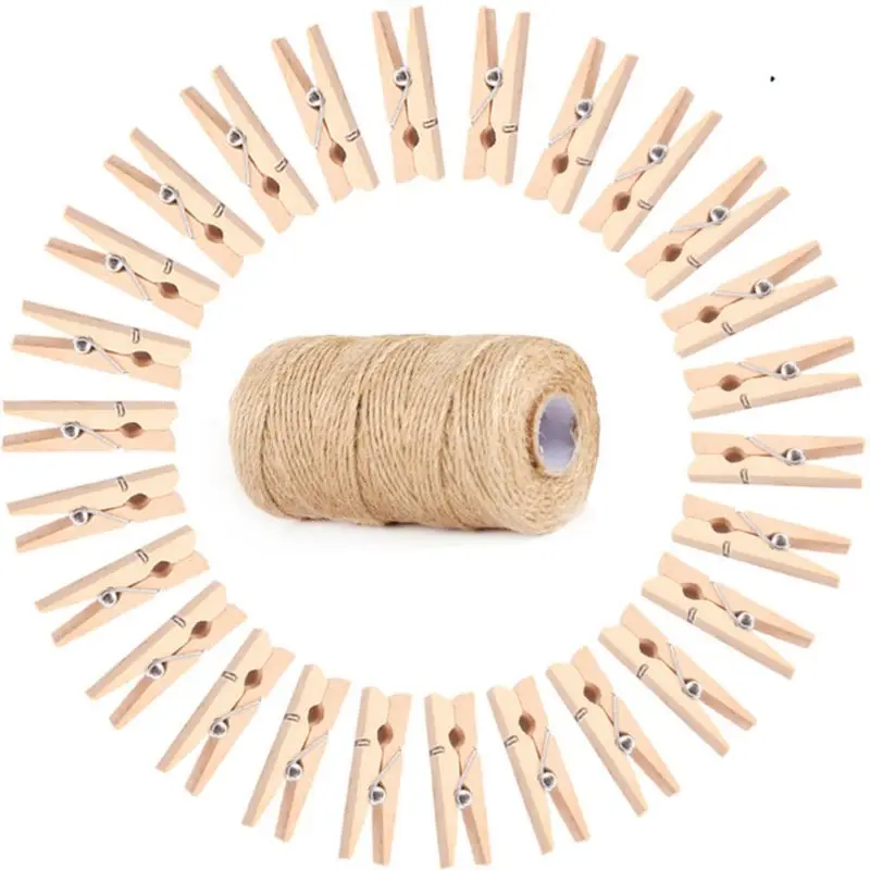 

1Set Natural Jute String Garden Cord with 100 Wooden Clothes Pegs Pins Crafts Sewing Accessories Gifts