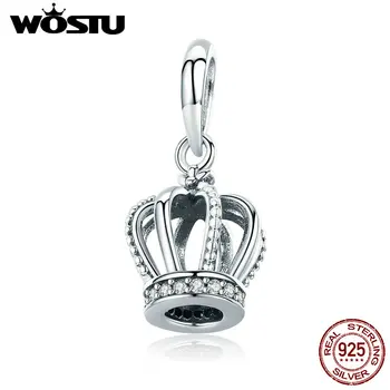 

WOSTU 925 Sterling Silver Princess Crown Clear CZ Beads Charms fit Original Women Bracelet Bangle Fashion Jewelry CQC781