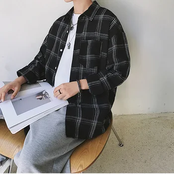 

Fashions Plaid Shirts Men Dress Cotton Slim Fit Black Korean Shirt Men Long Sleeve Vintage Retro Shirt Clothing Clothes Men Coat