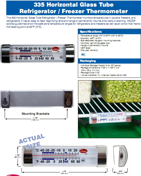 Cooper Atkins Glass Tube Refrigerator/Freezer Thermometer