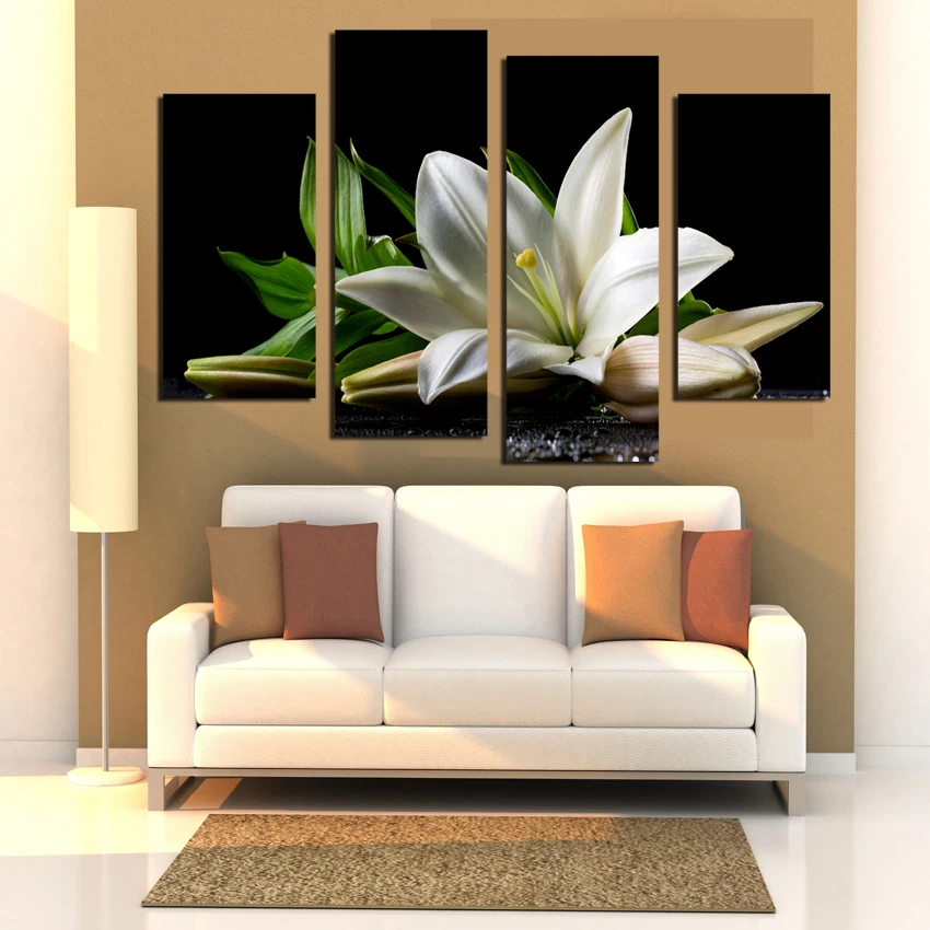 New Unframed 4 Panels White Lily Flowers Painting Canvas Wall Art