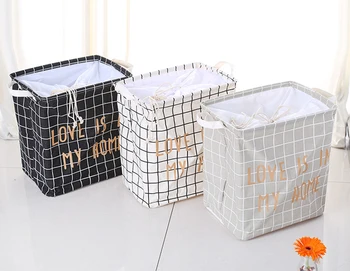 

Black and White Checks Fabric Foldable Laundry Basket with shrink top foldable Home use Sundries Storage Basket Laundry basket
