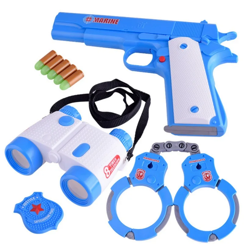 

Baby Boy Blue Senior Police Toy For Children Set Simulation Police Handcuffs Telescope Pistol Bullet Pretend Play Toy for Boys