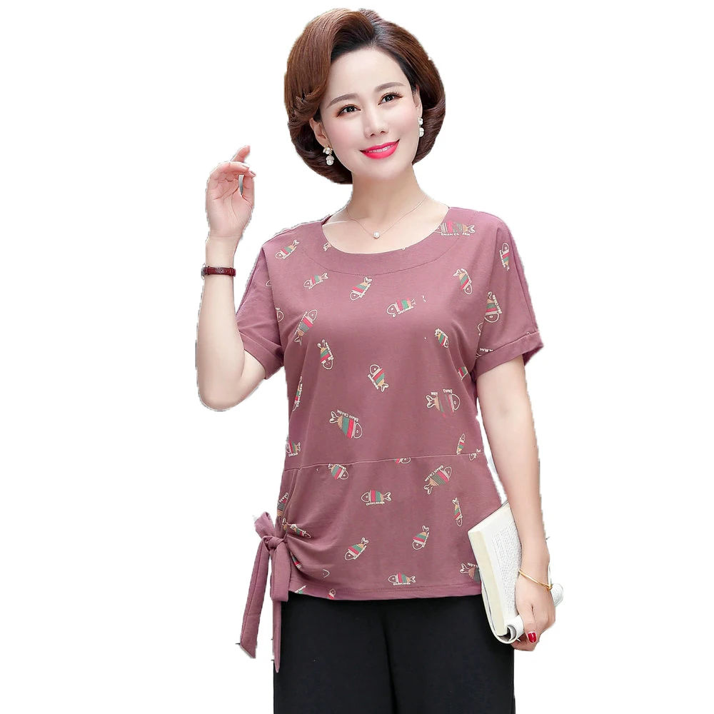 

Summer Woman Casual Blouse Red Orange Purple Fish Printing Pattern Tops Middle Aged Women Plus Size Tunic Side Knot Bluoses Lady