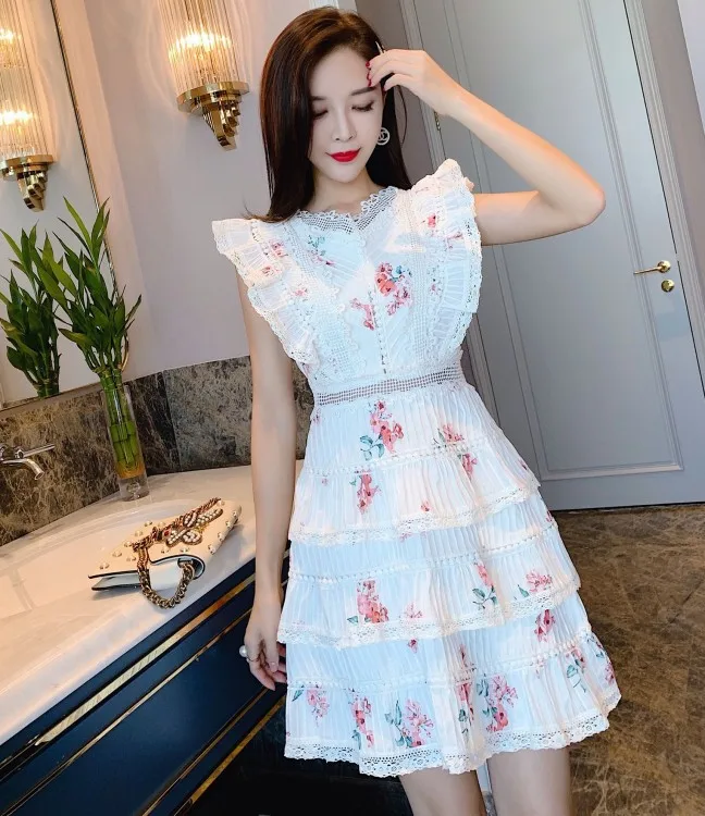 High Quality Runway Summer women Backless bow Mini Cake Dress flowers Print sleeveless Ruffles party Dress vestidos - Цвет: picture color