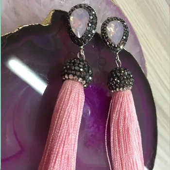 

Unique Design Fashion Jewelry Women Dangle Earrings Pink Silk Tassel and Rinestone Pin Crystal Water Drop Tassel Earrings