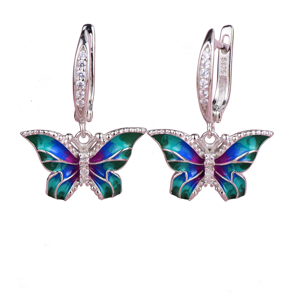 

WindJune Silver Enamel Butterfly Drop Earrings For Women 925 Sterling Silver Engagement Earring Jewelry Handmade Party Jewelry