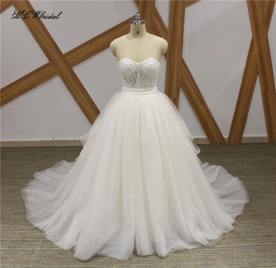 

Graceful Princess Wedding Dress With Long Train Pearls Lace Illusion Puffy Tulle Arabic Bridal Dresses 2019 Vestido De Casamento