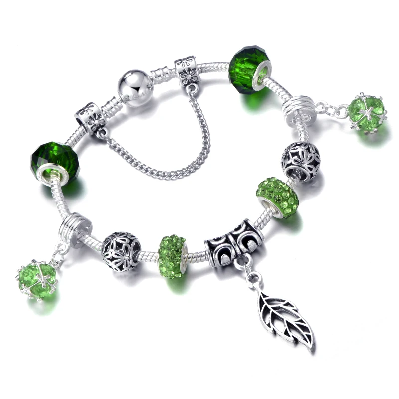 

2019 Silver Charms Bracelets & Bangle For Women Fashion Leaf Pendant Green vitality Life Crystal Beads Brand Bracelets Gift