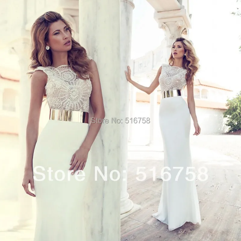 High Neck Heavy Beaded Bodice White Tight Gold Belt Party Dress Evening