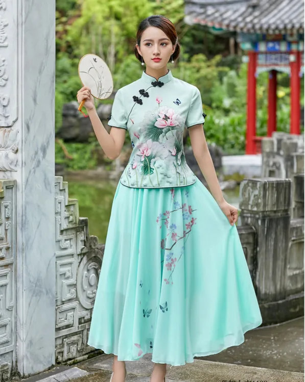 Sheng Coco зеленые цветочные топы рубашки китайский Cheongsam блузка с принтом лотоса Mujer китайская одежда рубашка с короткими рукавами плюс размер