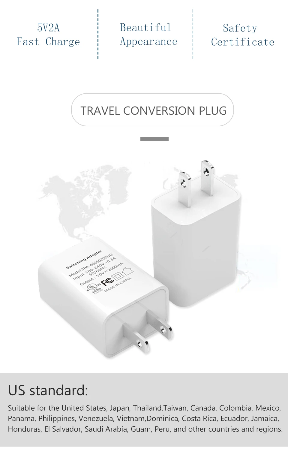 US Charger 5V2A Fast Charging Conversion plug One USB Wall Charger travel in USA Japan Thailand  Taiwan Canada Colombia Mexico (4)