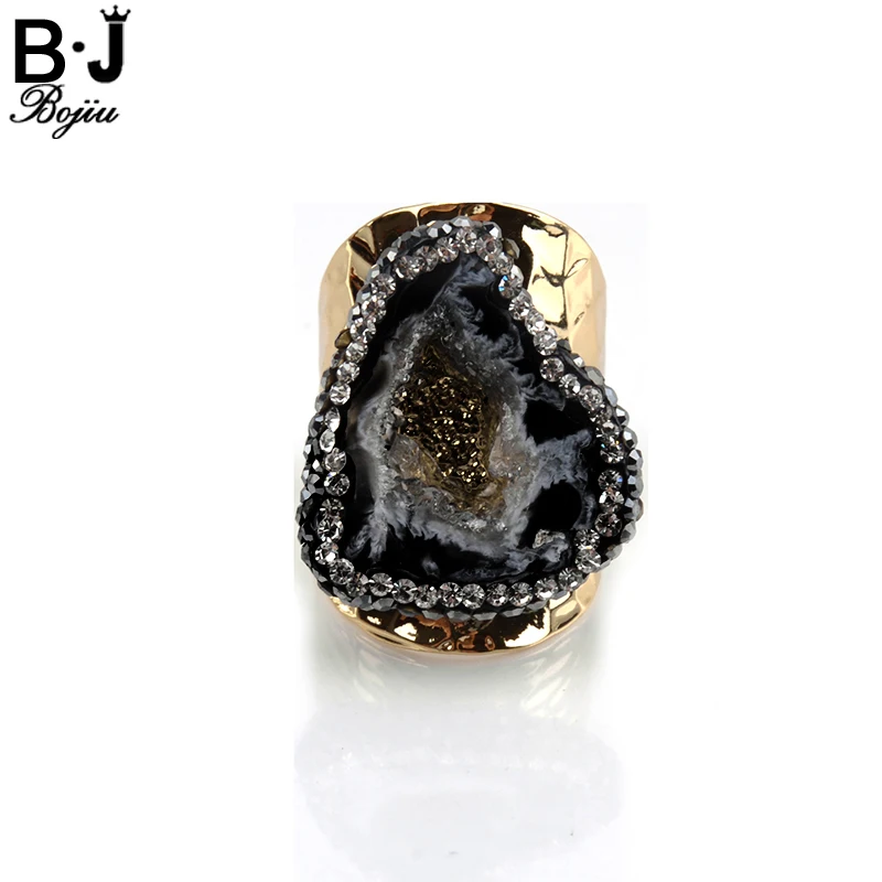 

Bojiu Grey Irregular Natural Druzy Stone Adjustable Size Rings For Women Copper Gold-color Quartz Zircon Pave Women's Ring RI014