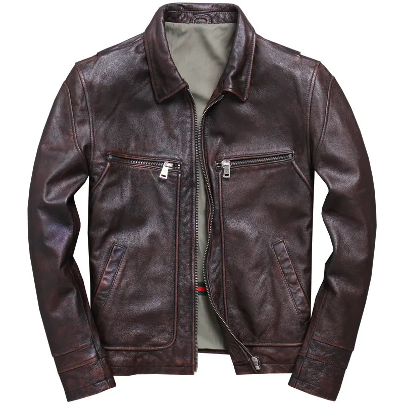 Винтажная коричневая Мужская Американская Повседневная стильная кожаная куртка размера плюс XXXXXL Натуральная Воловья кожа весеннее натуральное пальто - Цвет: Vintage Brown