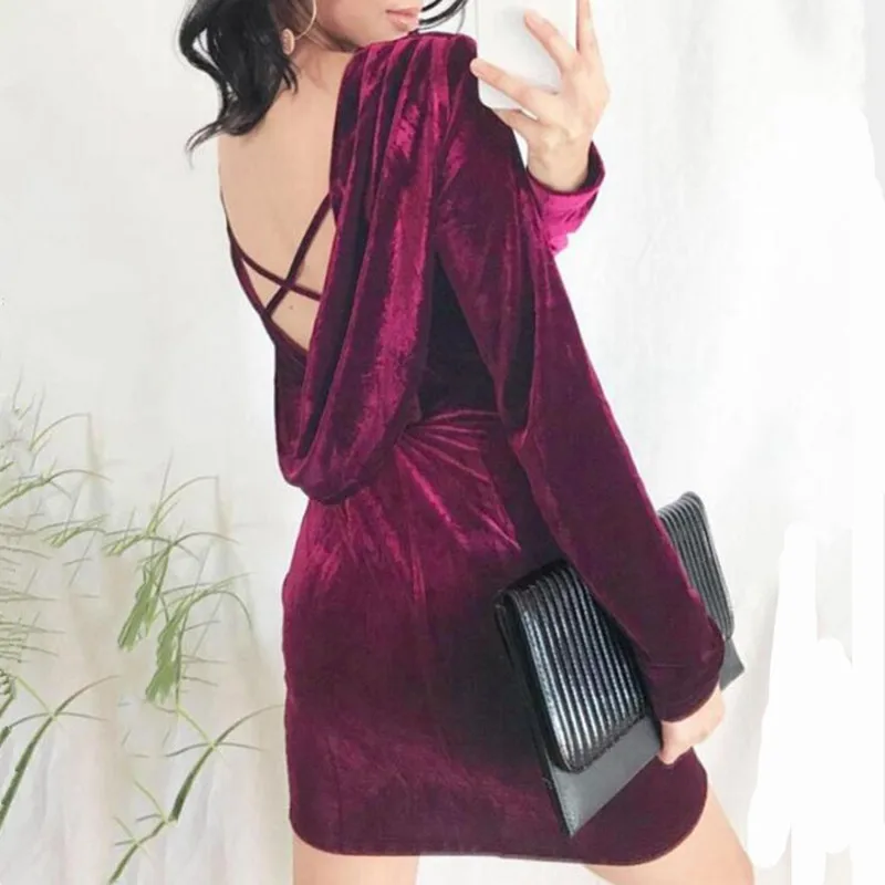 

Velvet Dress Women Long Sleeve Sexy Ladies Party Club Spring Autumn Winter Slim Bodycon Elegant Vintage Red Blue Color Ukraine