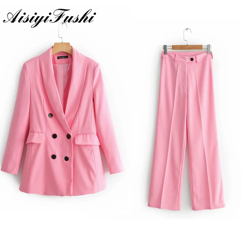 

AISIYIFUSHI 2 Piece Pants Sets Women Summer Office Suit Double Breasted Woman Suit Jacket Two Piece Blazer Set Women Pink Suit