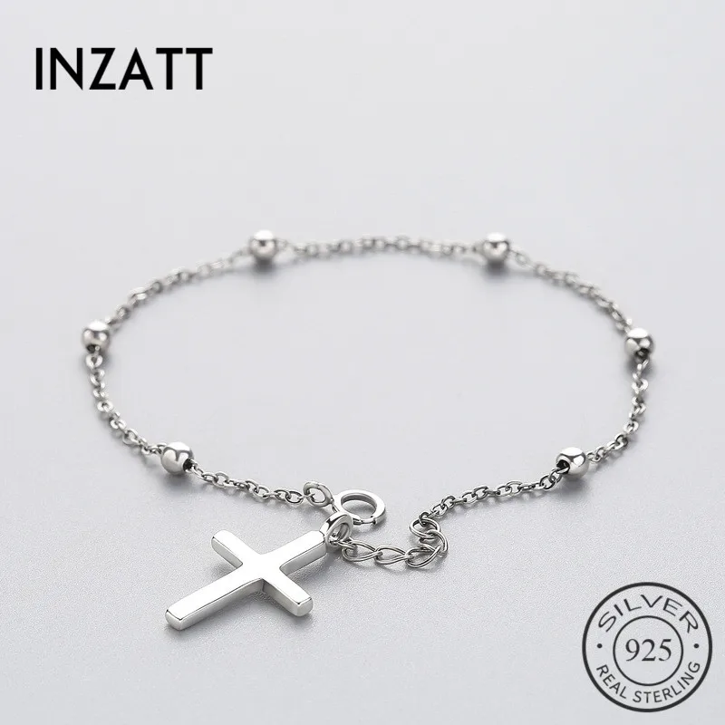

INZATT Punk Genuine 925 Sterling Silver Cross Bracelet For Women Round Bead Metal Chain Link Fashion Jewelry Birthday Party Gift