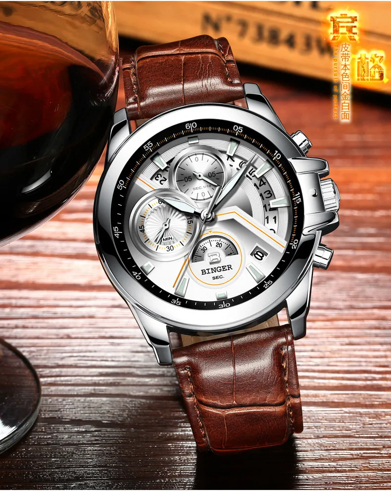 Мужские часы класса люкс Топ бренд Бингер большой циферблат дизайнерский хронограф водонепроницаемые кварцевые наручные часы из нержавеющей стали B-9016-3