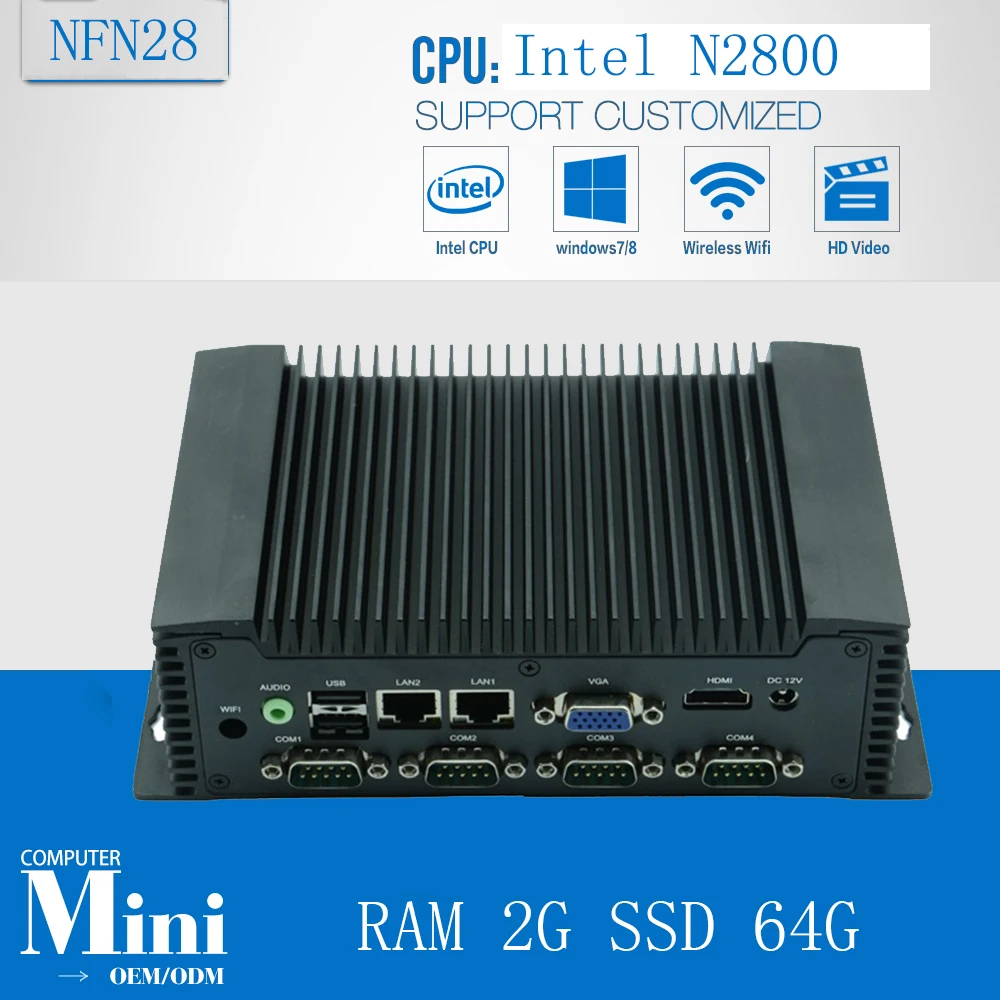 Ubuntu assembled fanless desktop computer NFN28, Embedded Mini computer support Win/Linux OS with RAM 2G SSD 64G