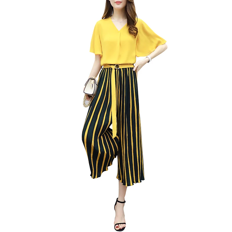 Nova Moda Verão Roupas femininas Chiffon Batwing Curto manga Com Decote Em V de Duas Peças Define Faixa Faixas de Impressão das Mulheres define Feminino